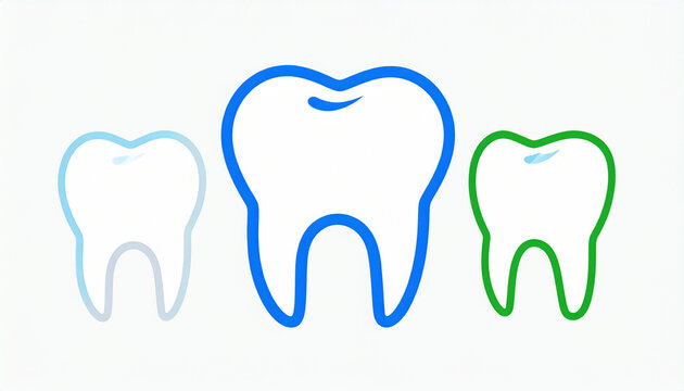 Three minimalist tooth icons in blue, green and light blue on a white background, representing dental care, oral health, healthcare services and modern medical branding.