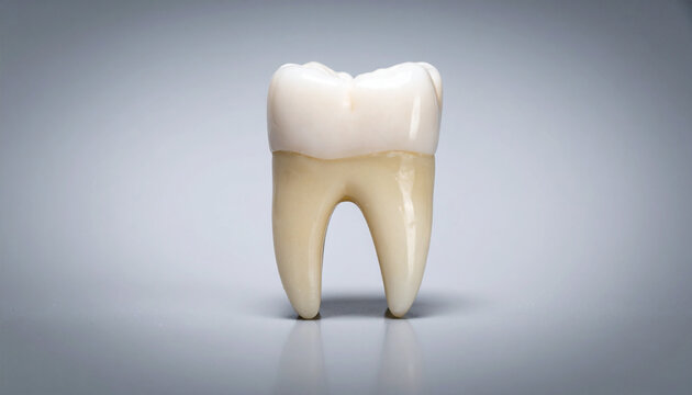 Realistic isolated molar tooth on a soft gray background, suitable for dental education, dentistry, oral health, anatomy, tooth care and healthcare advertising.