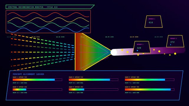 A sequence showing perception fusion interface with moving signal waves and multiple data metrics appearing on a dark screen during constant digital monitoring display operations