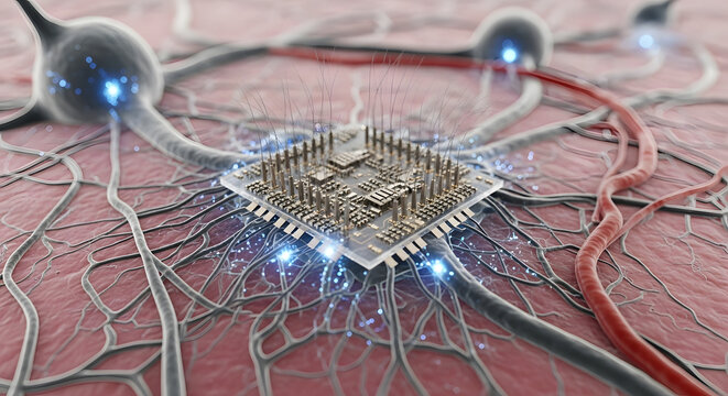 Microchip Brain Interface Connected to Neural Network and Neurons for Neurotechnology and Artificial Intelligence Concept