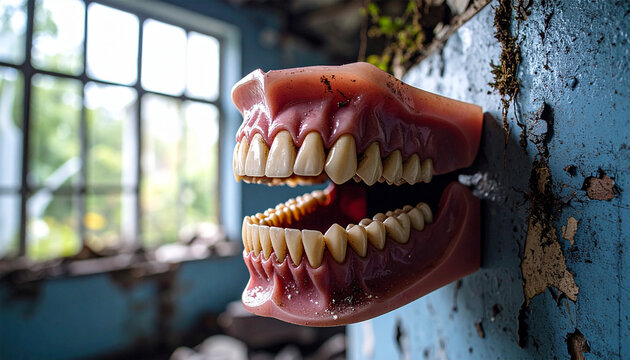 Dramatic open dental prosthesis attached to an old textured wall in an abandoned interior, creating a surreal concept for dentistry, dentures, oral health and dental care.