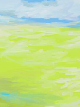 Impressionistic  landscape of rolling hills of wheat, tall grass or wild grass-Digital Painting, Illustration, Art, Design, Backdrop, Background in Blue, Green, & Yellow-Blue Sky Above