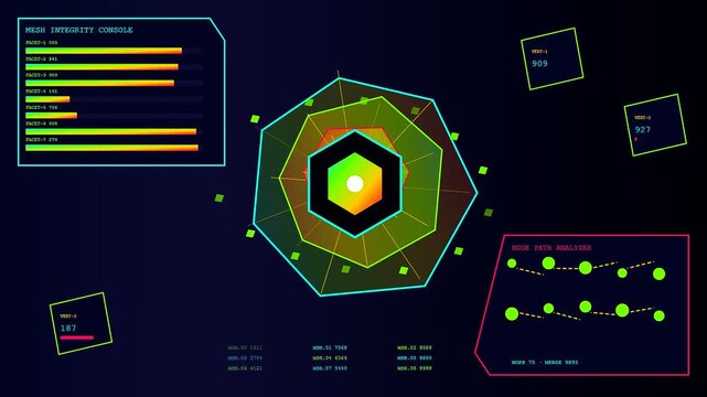 a visual representation of perception fusion displayed through glowing geometric interface elements pulsing with vibrant neon color patterns across a dark computer monitor screen for data analysis