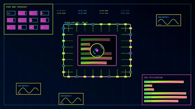 Perception fusion graphics cycle through complex digital node monitoring interfaces displaying colorful data flow metrics within a dark virtual environment for analytical software development display