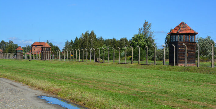 AUSCHWITZ BIRKENAU POLAND: Electric barbed wires of the German nazi concentration and extermination camp world heritage,  Here were exterminated 1.5 million people at the WWII