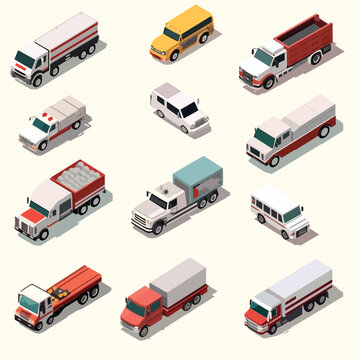 Cargo vehicles isometric vector set isolated