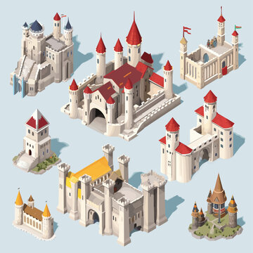 Castles isometric vector set isolated