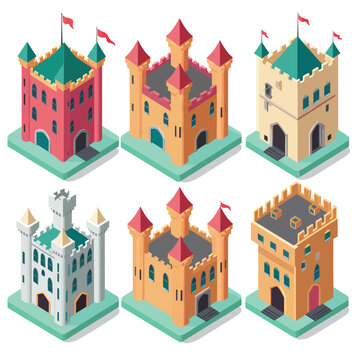 Castle isometric set vector illustration isolated on white