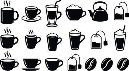 Fototapeta premium Hot beverages and coffee shop solid glyph icons set for cafe menu design breakfast drinks and restaurant branding