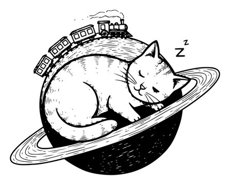 Giant cat sleeping on planet with rings and space train, cosmic dream concept, vintage woodcut style