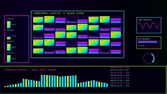 a glowing skill matrix interface features vibrant colorful data grids and shifting bar charts across three screens showing complex numerical updates in a dark environment