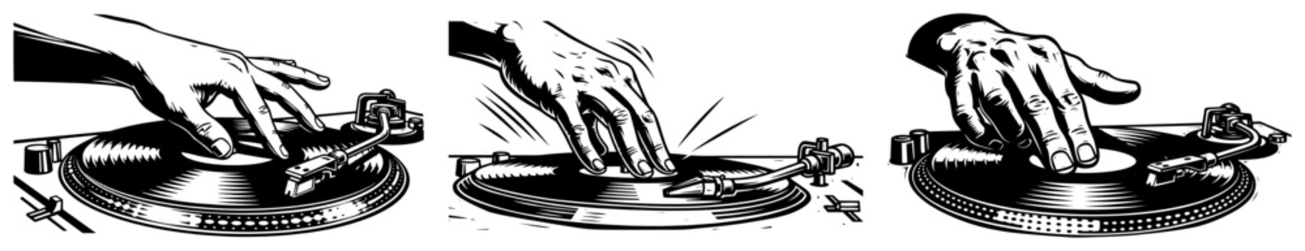 DJ hand scratching vinyl record on turntable set, music club performance and audio equipment, vintage engraving style