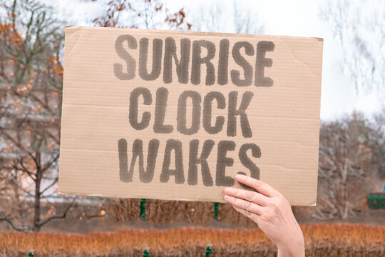"Sunrise clock wakes" Gradual light gently awakens the brain. SUNRISE. CLOCK. LIGHT. AWAKEN. GENTLE.
