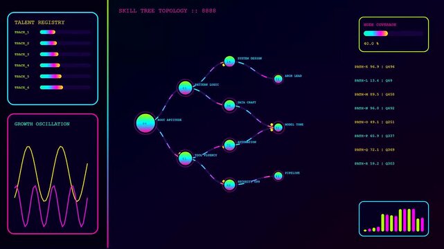 A digital skill matrix displayed across a dark interface featuring glowing nodes and shifting graphs representing complex flow patterns and systematic data connectivity structures in motion
