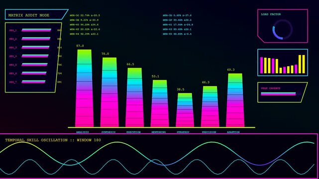 a skill matrix interface showing changing bar charts and wave patterns in a digital display panel designed for monitoring complex computational data processing flow analysis