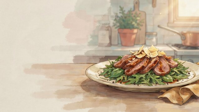 A national dish of Italian cuisine. 
Straccetti con rucola &mdash; a dish made from thin slices of beef, saut&eacute;ed in white wine and served warm on a bed of arugula. Photo with space for text. 