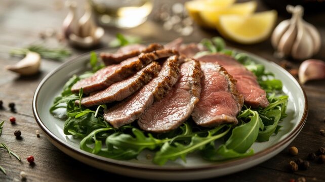 A national dish of Italian cuisine. 
Straccetti con rucola &mdash; a dish made from thin slices of beef, saut&eacute;ed in white wine and served warm on a bed of arugula. 