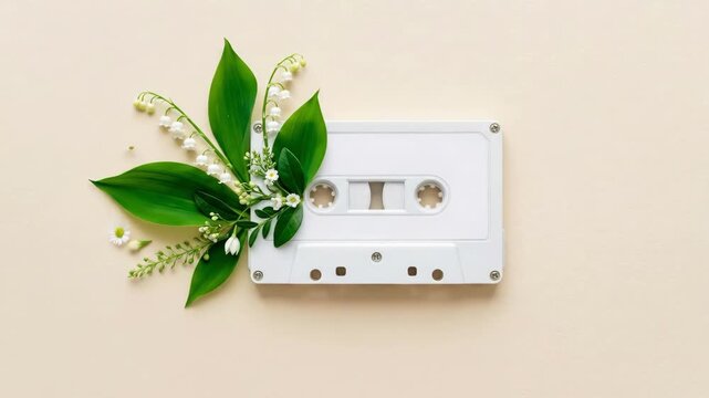 White cassette tape surrounded by green leaves and white daisies on beige background. Retro music meets spring nature concept. Nostalgic blend of vintage audio technology and floral arrangement for