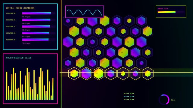 An intricate skill matrix display features animated geometric hexagons with pulsing neon colors shifting across panels to visualize real time data analytics for advanced computer interface systems