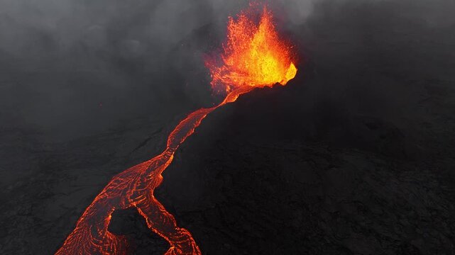 Active lava fountain erupting from volcanic vent with glowing molten flow over dark scoria rim, drifting ash, heat haze, and rugged barren terrain, with lava, eruption, volcano, magma detail