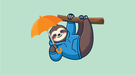 Naklejka premium Sloth holding orange umbrella on branch