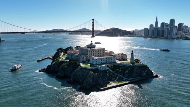 Aerial Drone Flight Over Alcatraz Island and Golden Gate Bridge San Francisco Bay