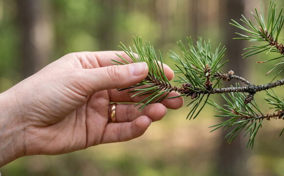 Woman touching pine branch in forest, close up view of nature and outdoor exploration