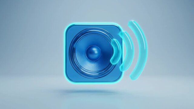 Glossy blue speaker icon with glowing sound waves animation on gray background