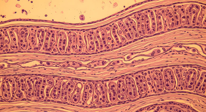 Microscopic view of intestinal mucosal tissue layers showcasing columnar epithelial cell structure and histological cellular architecture