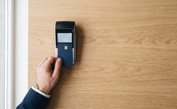 Man using contactless credit card payment terminal on wooden wall in modern office