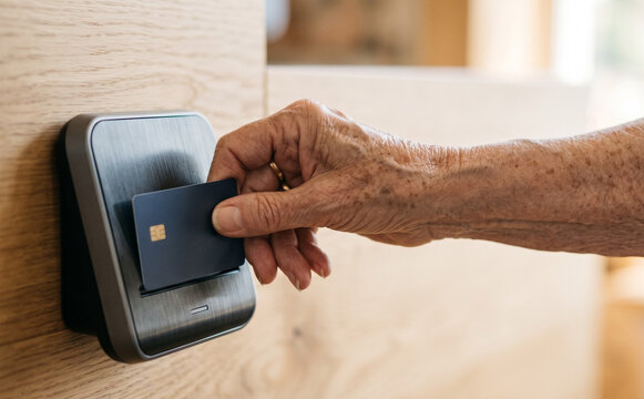 Elderly senior woman inserting a credit card into a payment terminal for contactless or chip transaction
