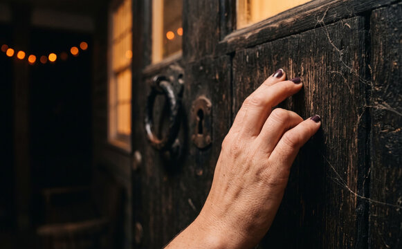 Woman knocking on an old wooden rustic dark door with iron handle and cobwebs