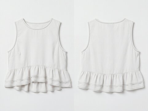 White Sleeveless Peplum Blouse with Frilled Hemline Front and Back View for Minimalist Summer Fashion