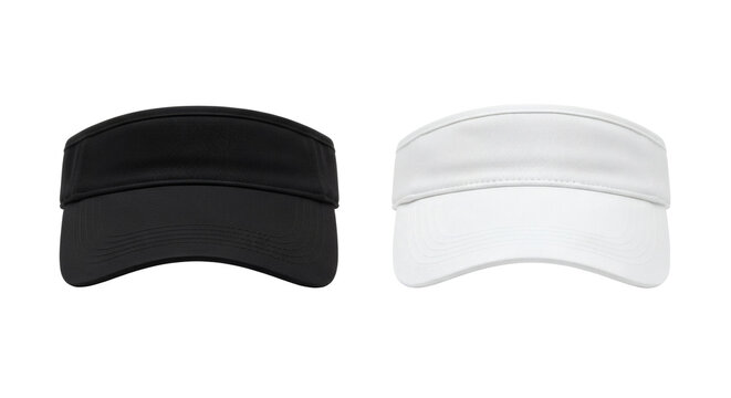 Two realistic athletic sports visors one black and one white shown side by side for comparison of essential headwear options&nbsp;&nbsp;