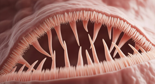 Close-up View of a Terrifying Biological Monster Maw Filled with Sharp Needle-like Teeth and Fleshy Texture