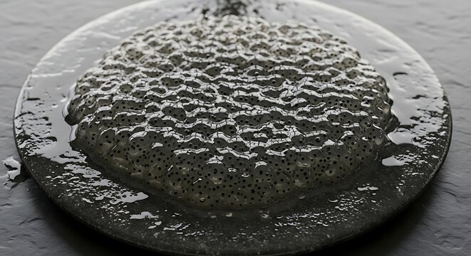 Frogspawn on a round dark plate, closely showing the translucent jelly and dark dots of the embryo.