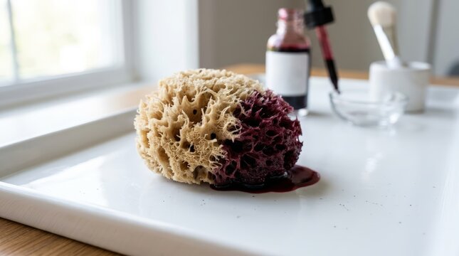 Natural sponge soaking up dark purple liquid on clean white tray
