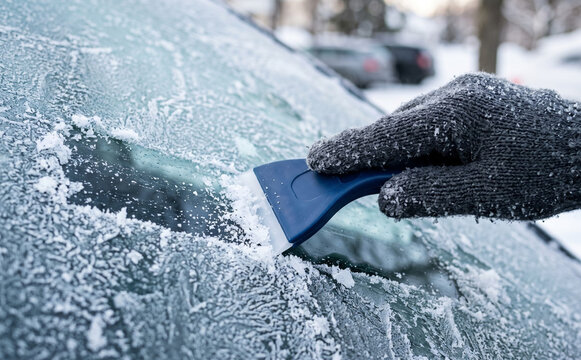 Gloved hand scraping ice and snow from a frosted car windshield on a cold winter morning