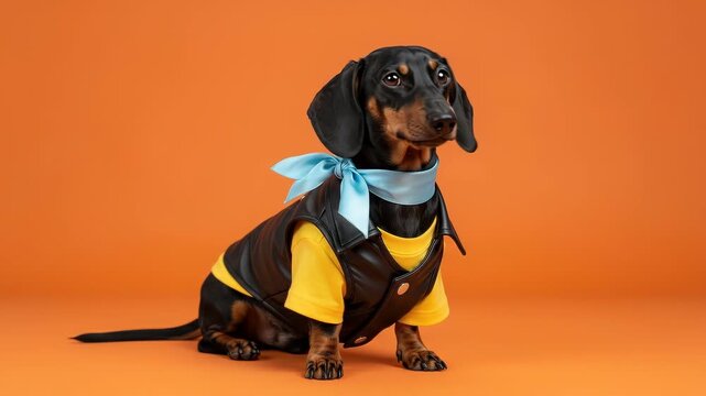 A stylish dachshund dog wearing a yellow shirt and a black leather vest