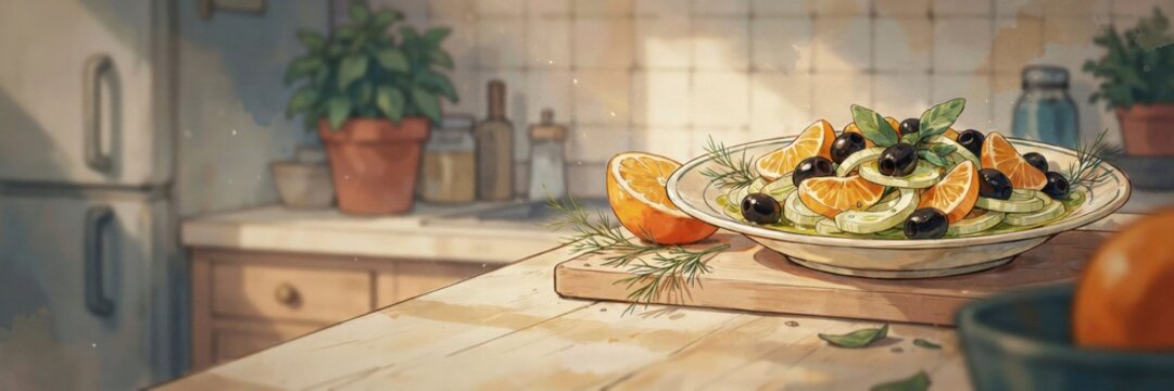 A national dish of Italian cuisine. 
Insalata di finocchi e arance is a dish that combines slices of fennel with sweet citrus segments and olives. A banner with space for text. 