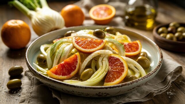 A national dish of Italian cuisine. 
Insalata di finocchi e arance is a dish that combines slices of fennel with sweet citrus segments and olives.