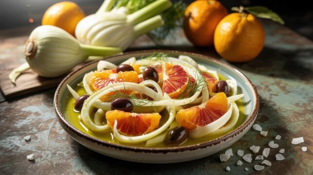 A national dish of Italian cuisine. 
Insalata di finocchi e arance is a dish that combines slices of fennel with sweet citrus segments and olives.
