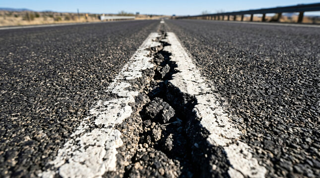 Commercial stock photo of a deep wide crack splitting a black asphalt road on a white line. Ground-level close-up of damaged highway infrastructure, pothole repair need, and asphalt texture.