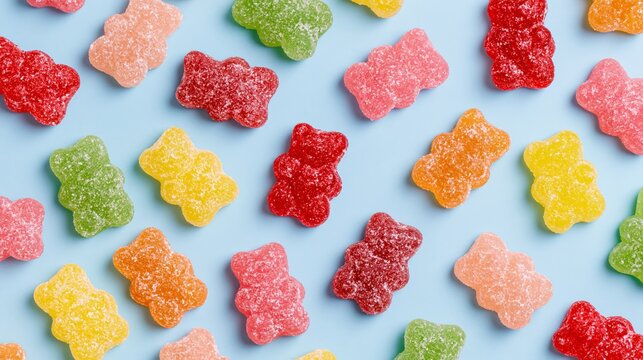 Colorful sugar-coated gummy bear candies arranged as a playful pattern on a pastel blue background