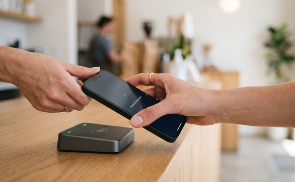 Contactless payment with smartphone on card reader at cafe counter for fast mobile transaction concept