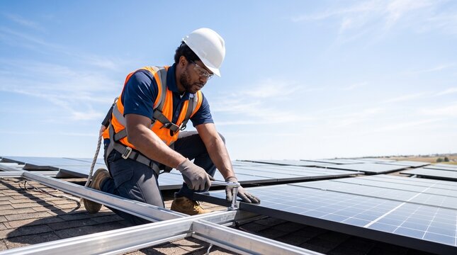 Rooftop solar panel installation worker in safety gear tightening bolts on a sunny day