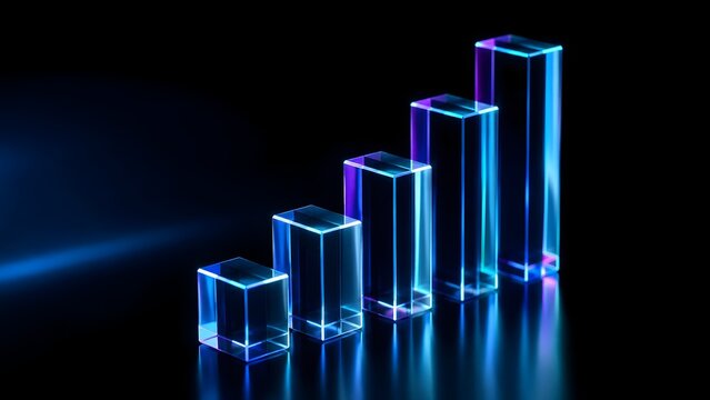 Ascending business growth chart made of glowing blue and purple glass blocks on dark background representing financial success and market progress.