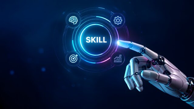 Robot hand touching digital hologram interface with skill text and icons representing artificial intelligence learning automation and technical expertise development.