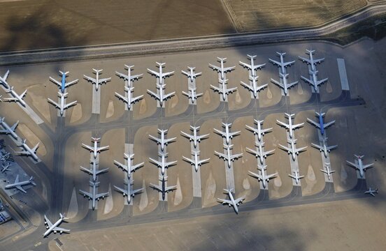Aeroplanes parked at the airport, unused scheduled aeroplanes, aerial view, Teruel airport, Aragon, Spain