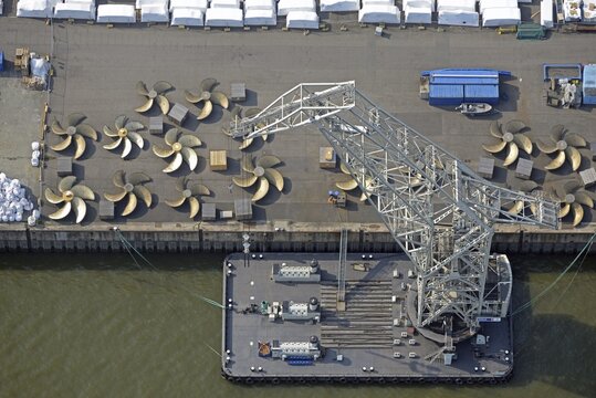 Aerial view, Ship propeller for loading at the port, Hachmannkai, Hamburg, Germany